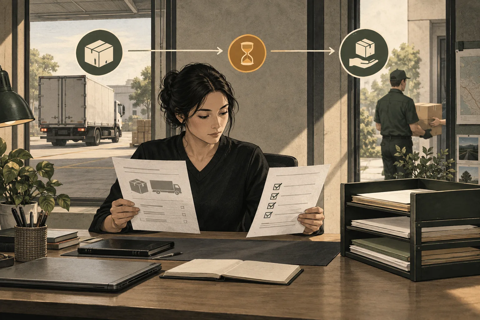 An operator compares a transport document with a separate processing checklist beside a loading dock.