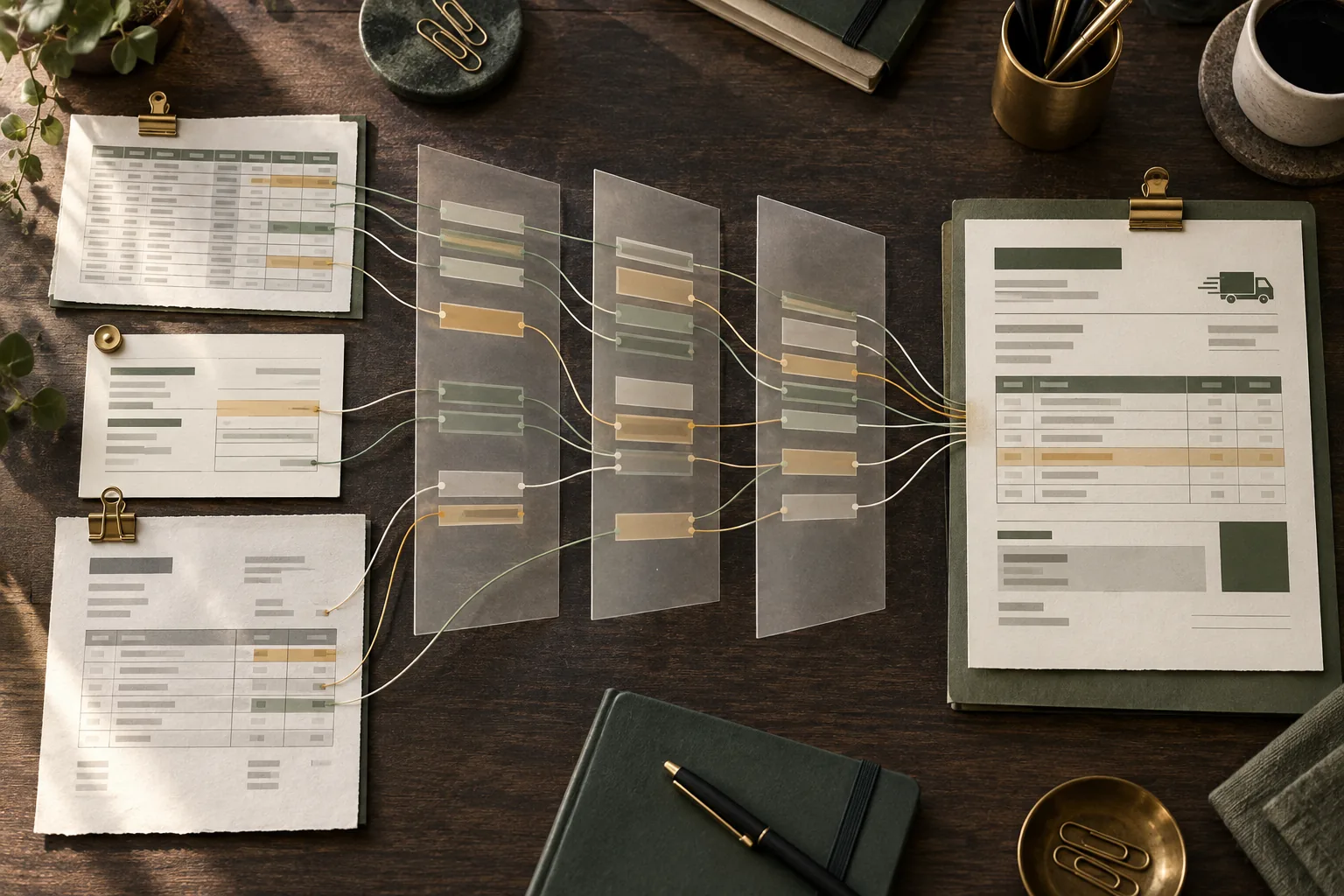 Source documents connect through translucent mapping layers to one organized shipment record.