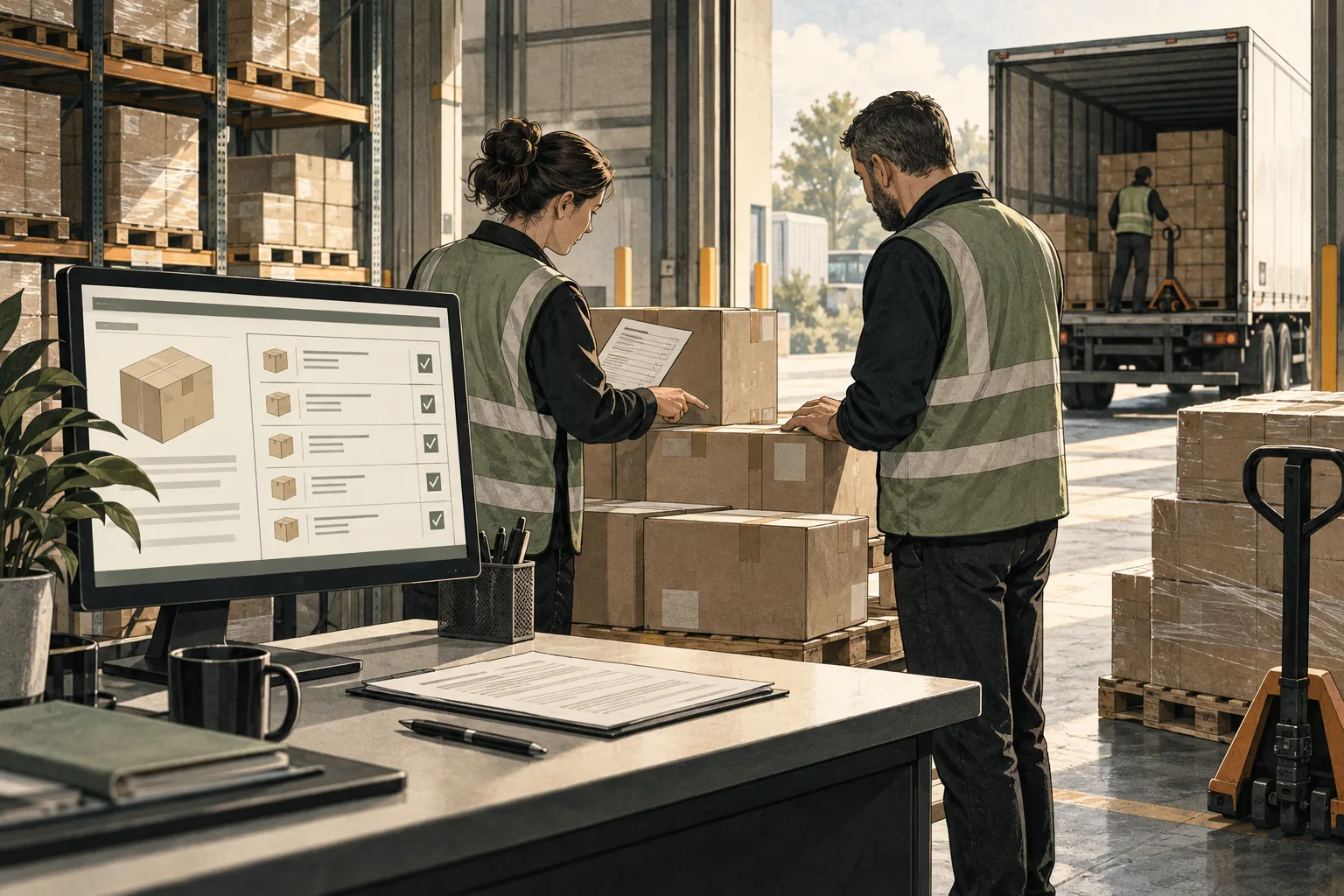 Dispatch staff compare packed cartons with a structured despatch checklist at a loading dock.