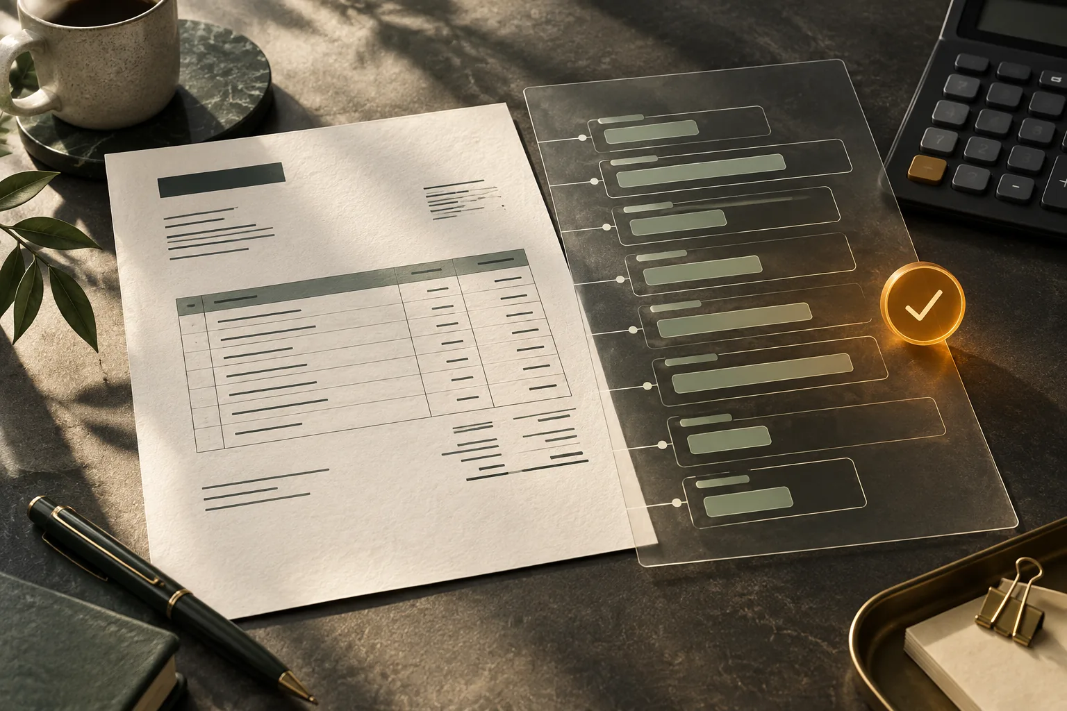 A visual invoice sits beside a transparent structured-data layer and a validation symbol.