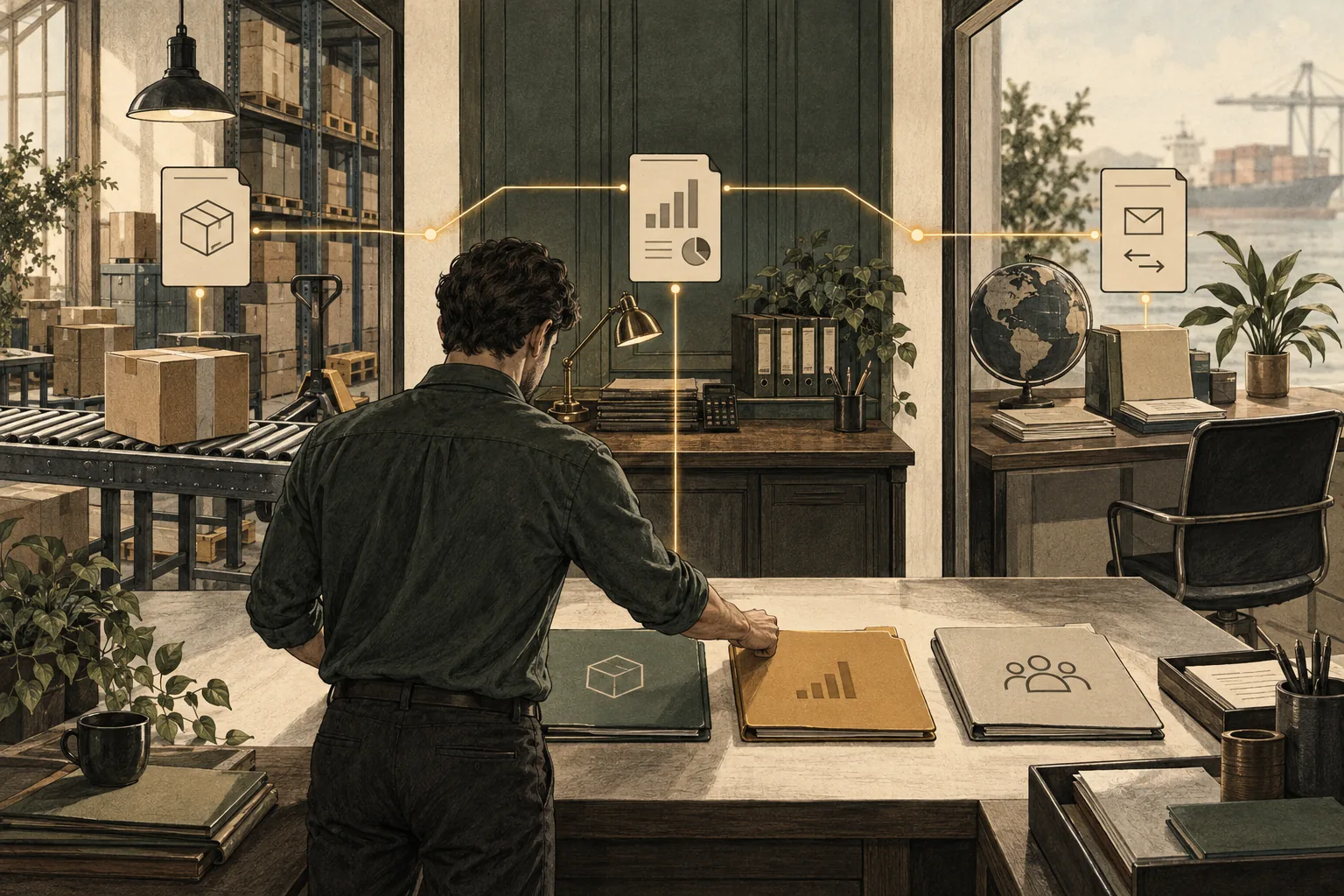An engineer connects warehouse, accounting, and partner-exchange records across three work areas.