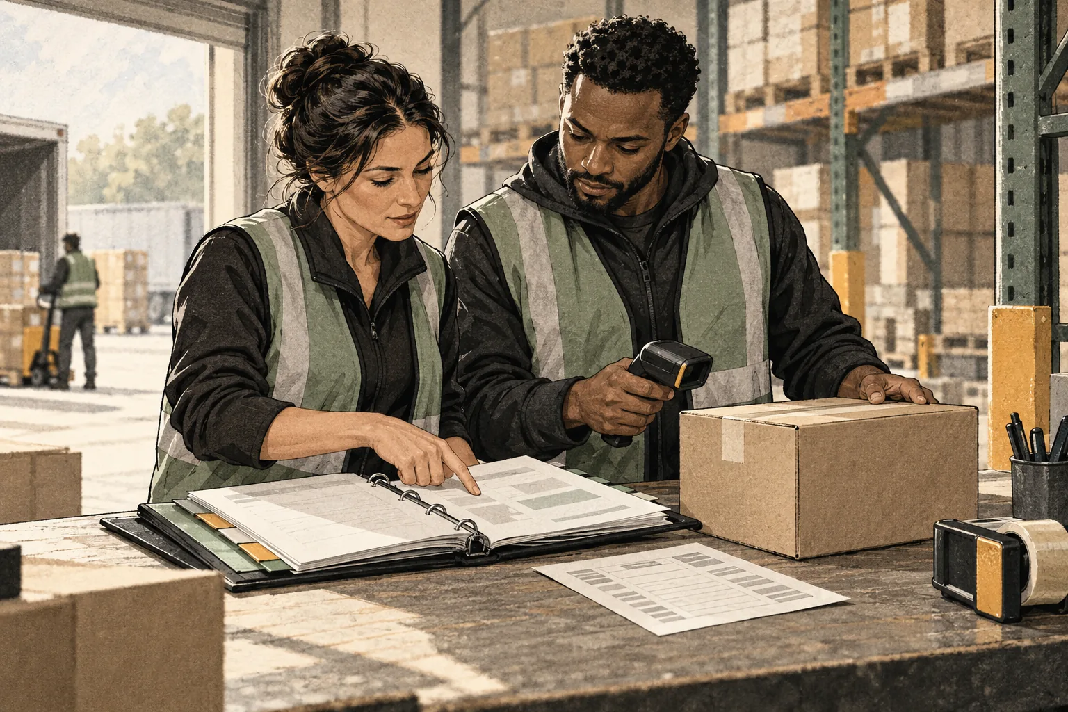 Two warehouse staff compare an implementation binder with a carton and handheld scanner.