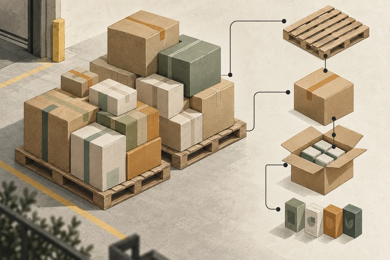 Packed cartons on a pallet appear beside a branching model of pallet, carton and item relationships.