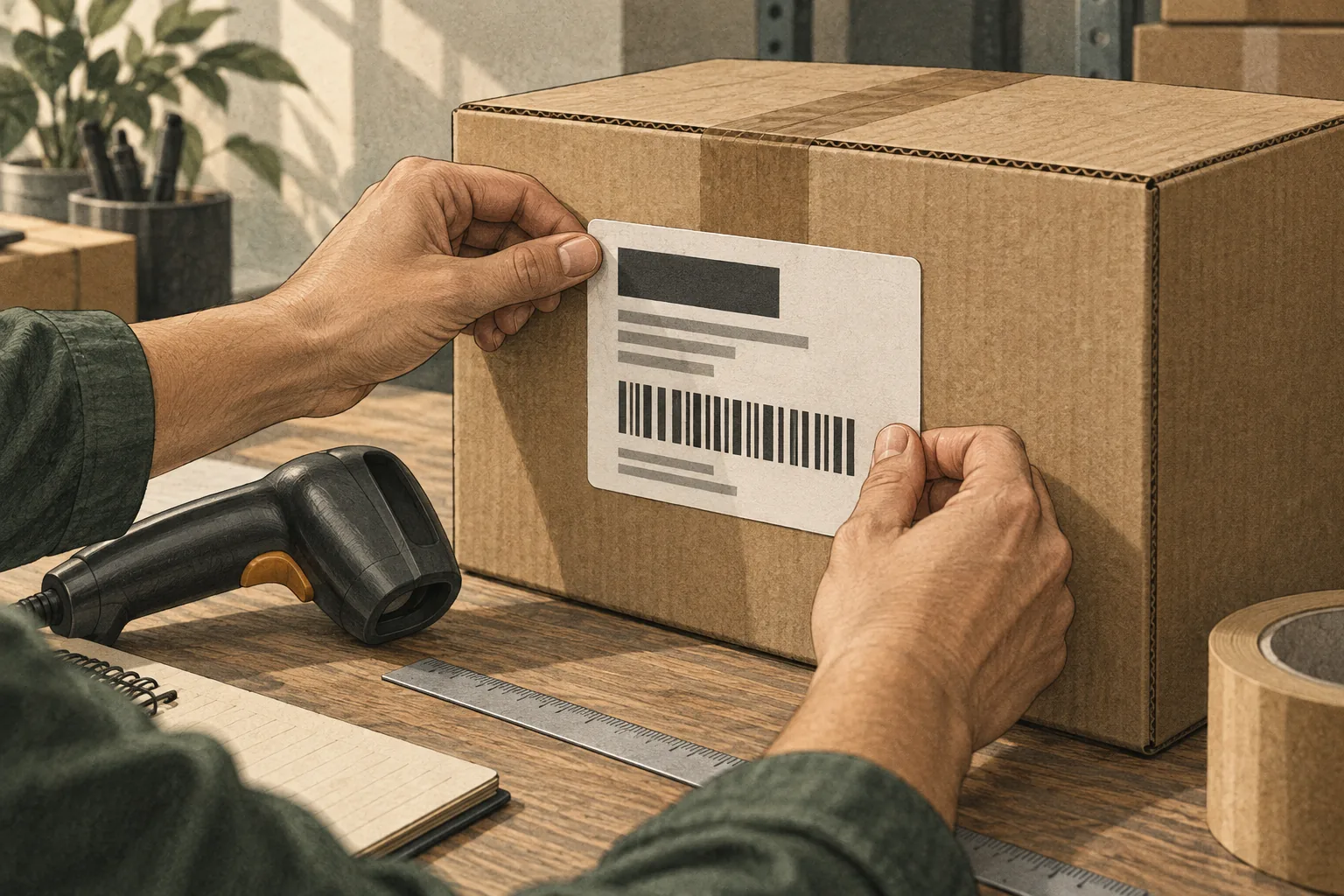 Hands position an illustrative logistics label on a carton beside a scanner and ruler.