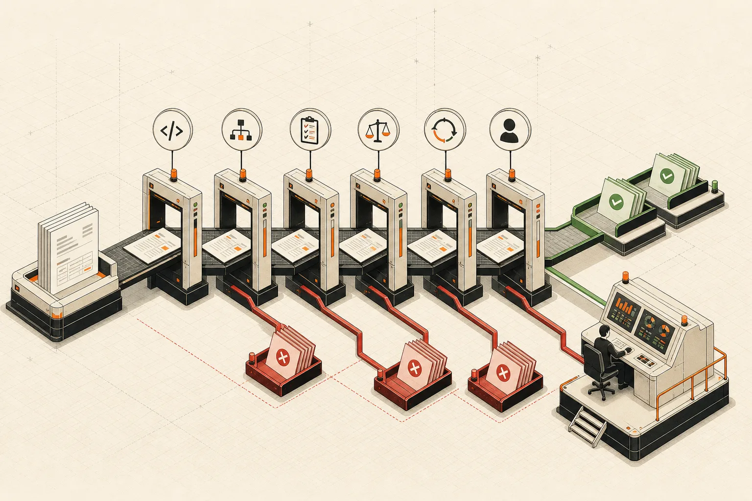 Isometric EDI test laboratory showing shipment documents passing through six validation gates, with invalid fixtures diverted to red trays and accepted fixtures to green trays.