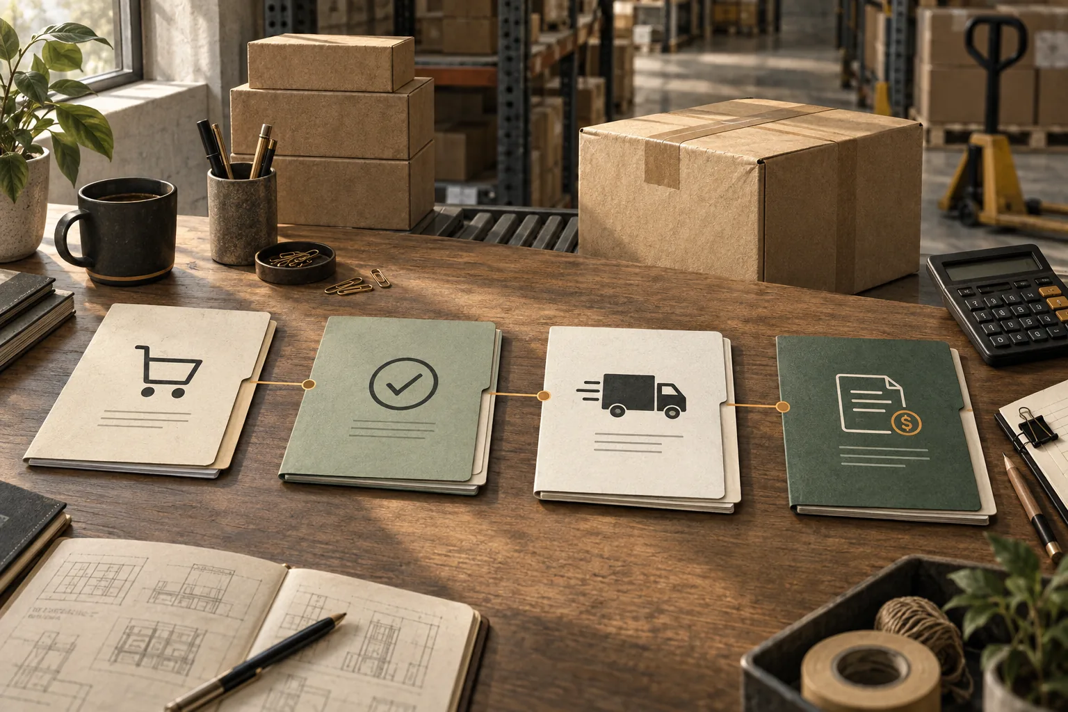 Four connected folders represent a purchase order, acknowledgment, shipment notice and invoice.