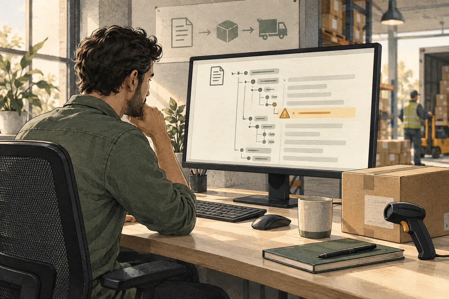 Warehouse analyst compares a structured EDI document with a highlighted validation finding.