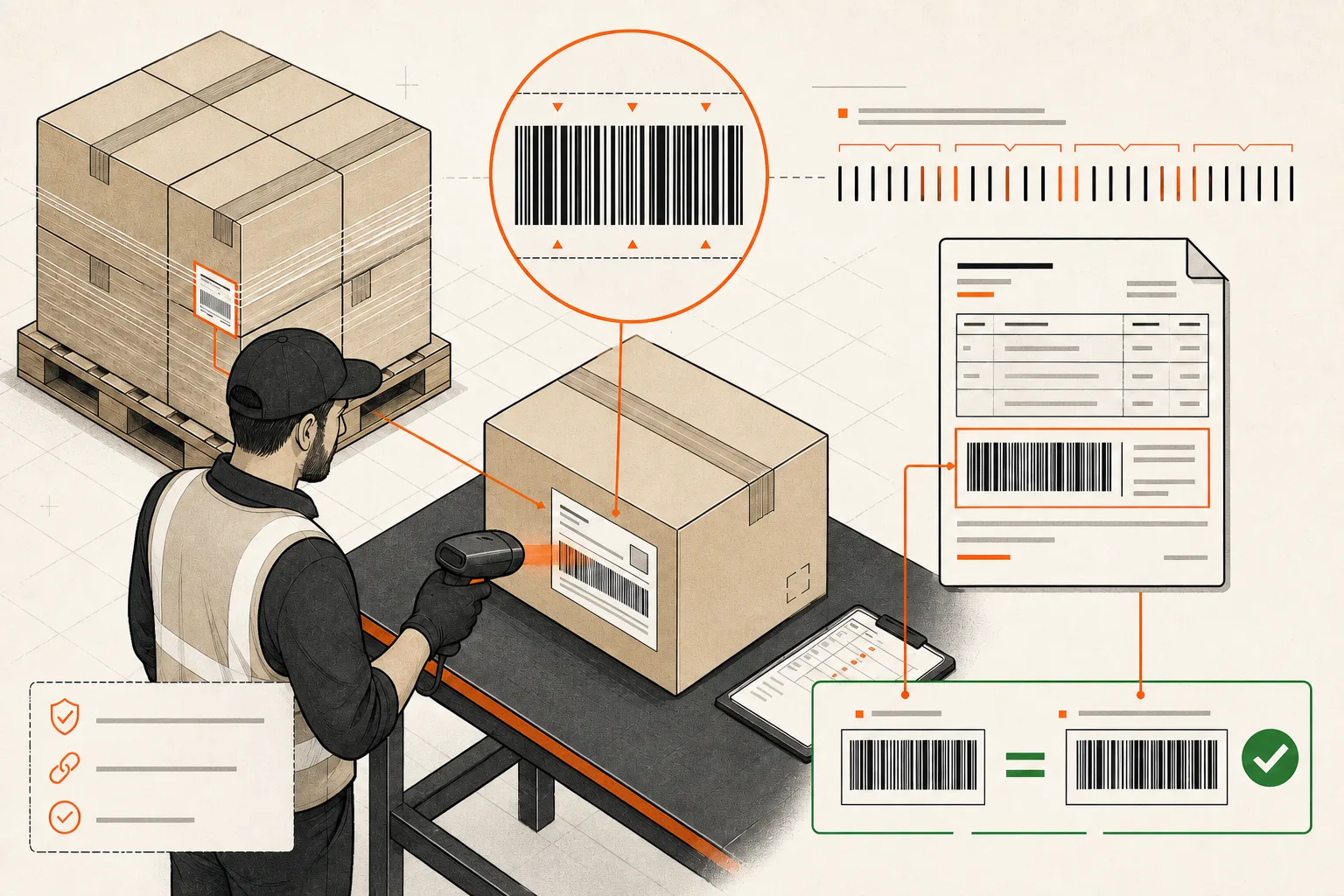 Warehouse operator scans a GS1-128 label on a carton while technical callouts compare the physical barcode with the electronic shipment identifier.