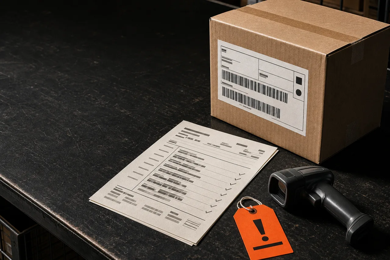 Warehouse dispatch desk with a labelled carton, shipment manifest, barcode scanner and orange exception tag